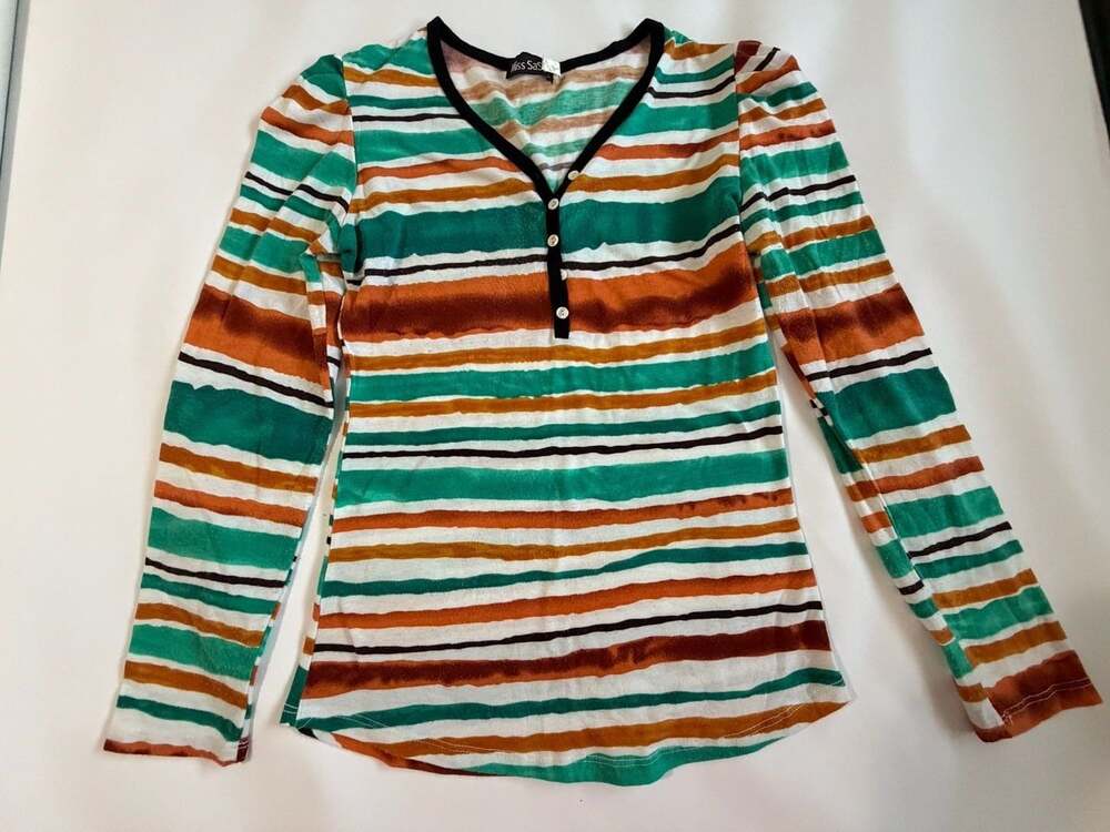 Womens Top SizeL Striped Orange Green White Long Sleeve Henley Button V-Neck Tee